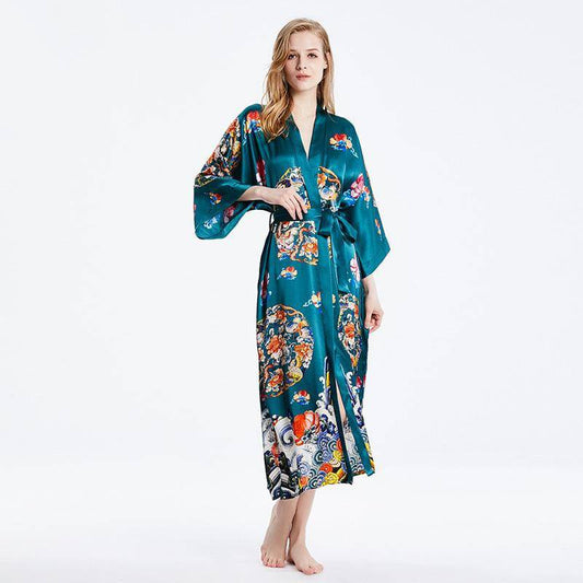 Women Long Print Silk Kimono Robe Oriental - inspired Silk Robe