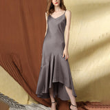 Womens Sexy Silk Dress Chic Ruffle Hem Split Dress 100% Mulberry Silk Sling Dress - slipintosoft