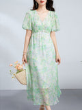 Womens Silk Floral Dress V Neck Silk Midi Dress Short Sleeve Flowing Skirt Green XS
