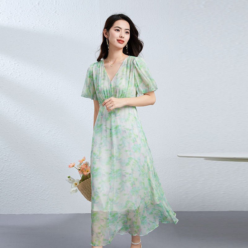 Womens Silk Floral Dress V Neck Silk Midi Dress Short Sleeve Flowing Skirt Green XS