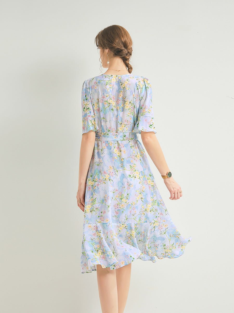 Womens Silk Floral Midi Dress Tie Waist Ruffle Hem Blue Silk Dress