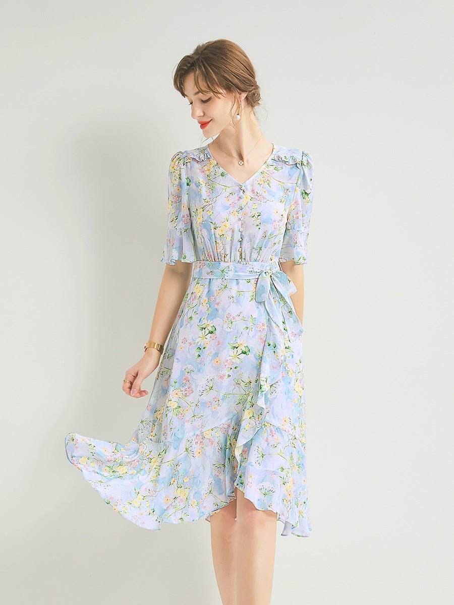 Womens Silk Floral Midi Dress Tie Waist Ruffle Hem Blue Silk Dress