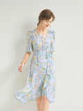 Womens Silk Floral Midi Dress Tie Waist Ruffle Hem Blue Silk Dress
