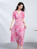 Womens Silk Midi Dress Puff Sleeves Long Silk Dress Watercolor Print Silk Dress Pink XS