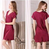 V neck Women Silk Nightgown with lace short sleeves silk sleepwear - slipintosoft