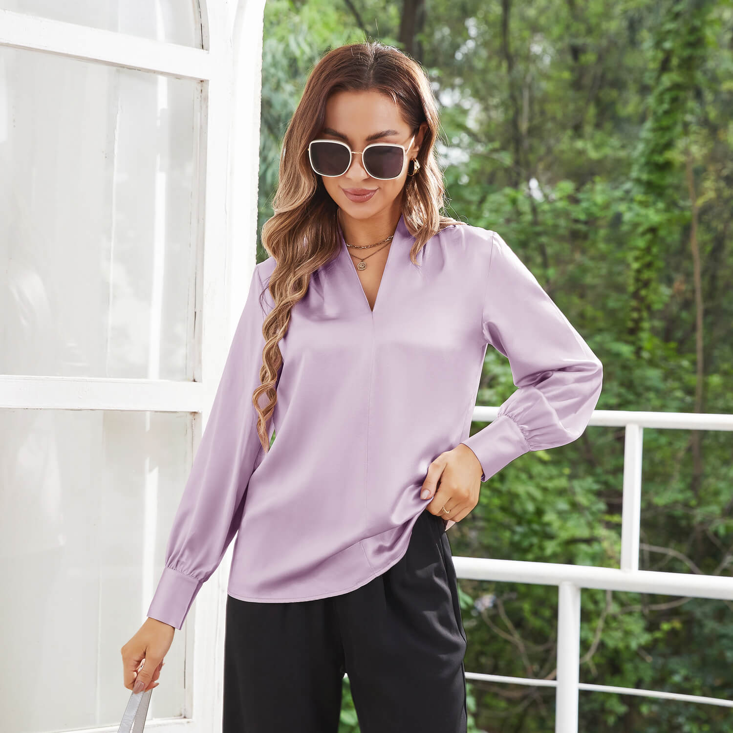 Women's Long Sleeves V Neck Silk Blouse - slipintosoft