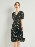 Womens Silk Wrap Midi Dress Puff Sleeve Floral Print Black Silk Dress