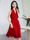 Womens Sleeveless Silk Midi Dress V Neck Silk Wrap Dress with Waist Tie Red XS