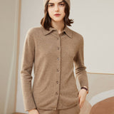 Women's Solid Color 100% Cashmere Button-Down Polo-Neck Cardigan - slipintosoft