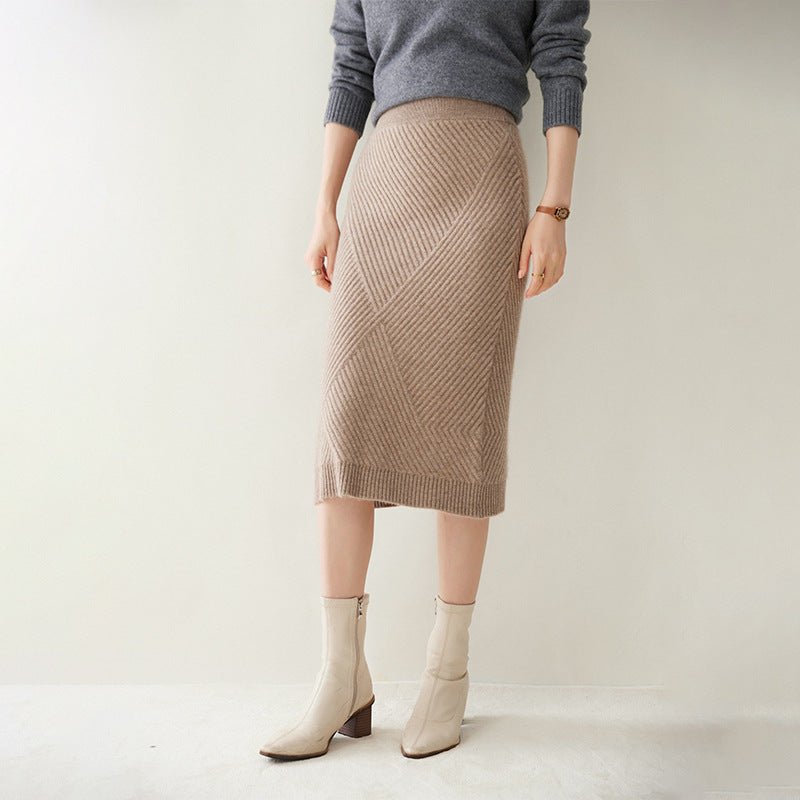 Lady Cashmere Knit Midi Skirt High Waist Textured Ribbed Sheath Dress