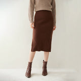 Lady Cashmere Knit Midi Skirt High Waist Textured Ribbed Sheath Dress