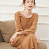 Women's Square Neckline Cashmere Dress Tea Length Knitted Dress - slipintosoft