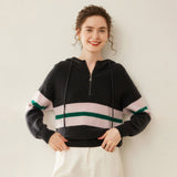 Womens Striped Cashmere Hoodie Half-Zip Cashmere Sweater Gray XS