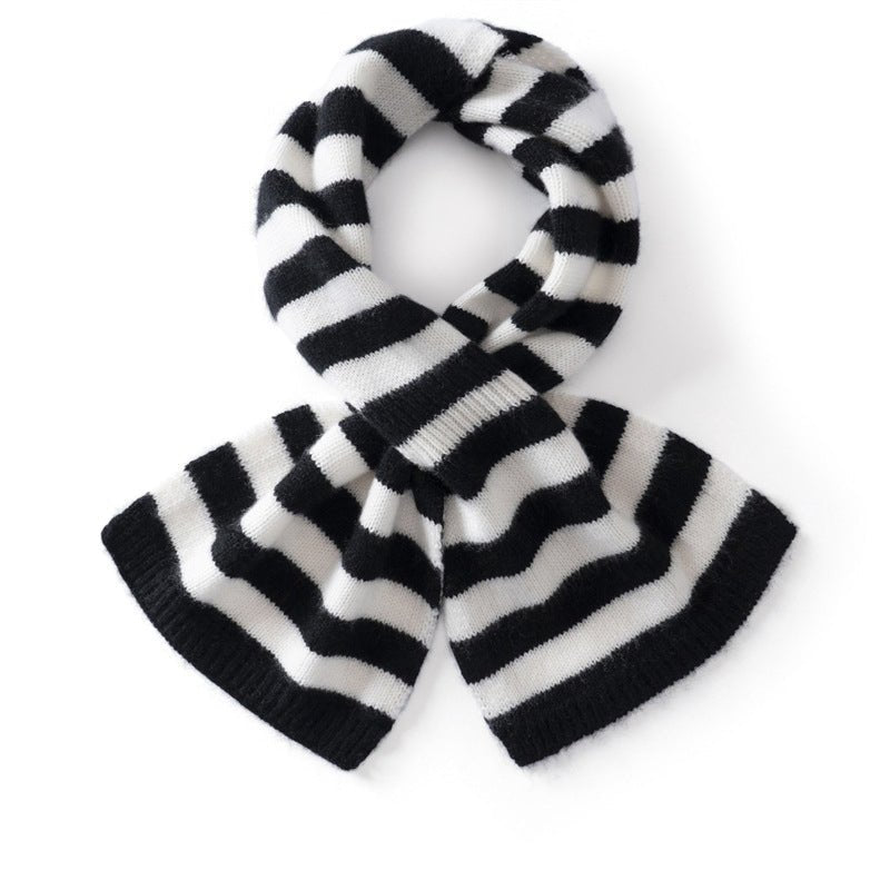 Womens Striped Cashmere Scarf Cashmere Neck Warmer Ribbed Hem Soft Bow Knot Black M