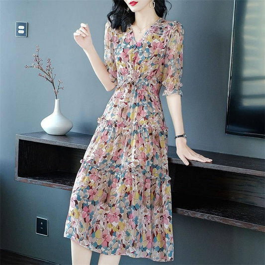 Women's Summer Silk Floral Print Dress V Neck Silk Casual Dresses