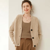 Womens Textured Cashmere Sweater V Neck Cashmere Button Cardigan Camel XS