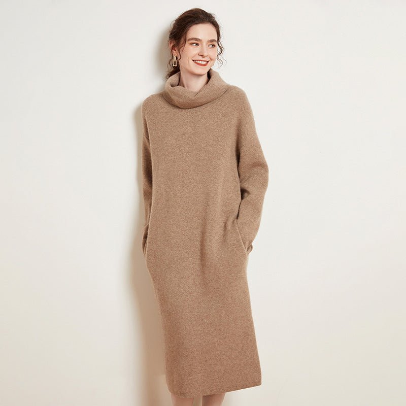 Women's Turtleneck Cashmere Dresses Warm Long Cashmere Basic Midi Dress - slipintosoft