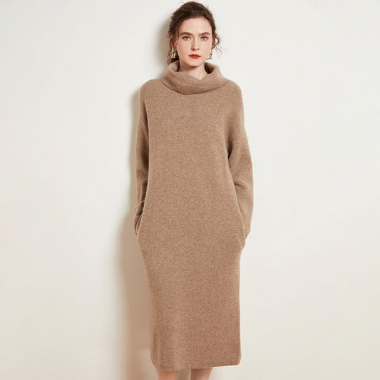 Womens Cashmere Knit Midi Dress Long Sleeve Cowl Neck Turtleneck Dress