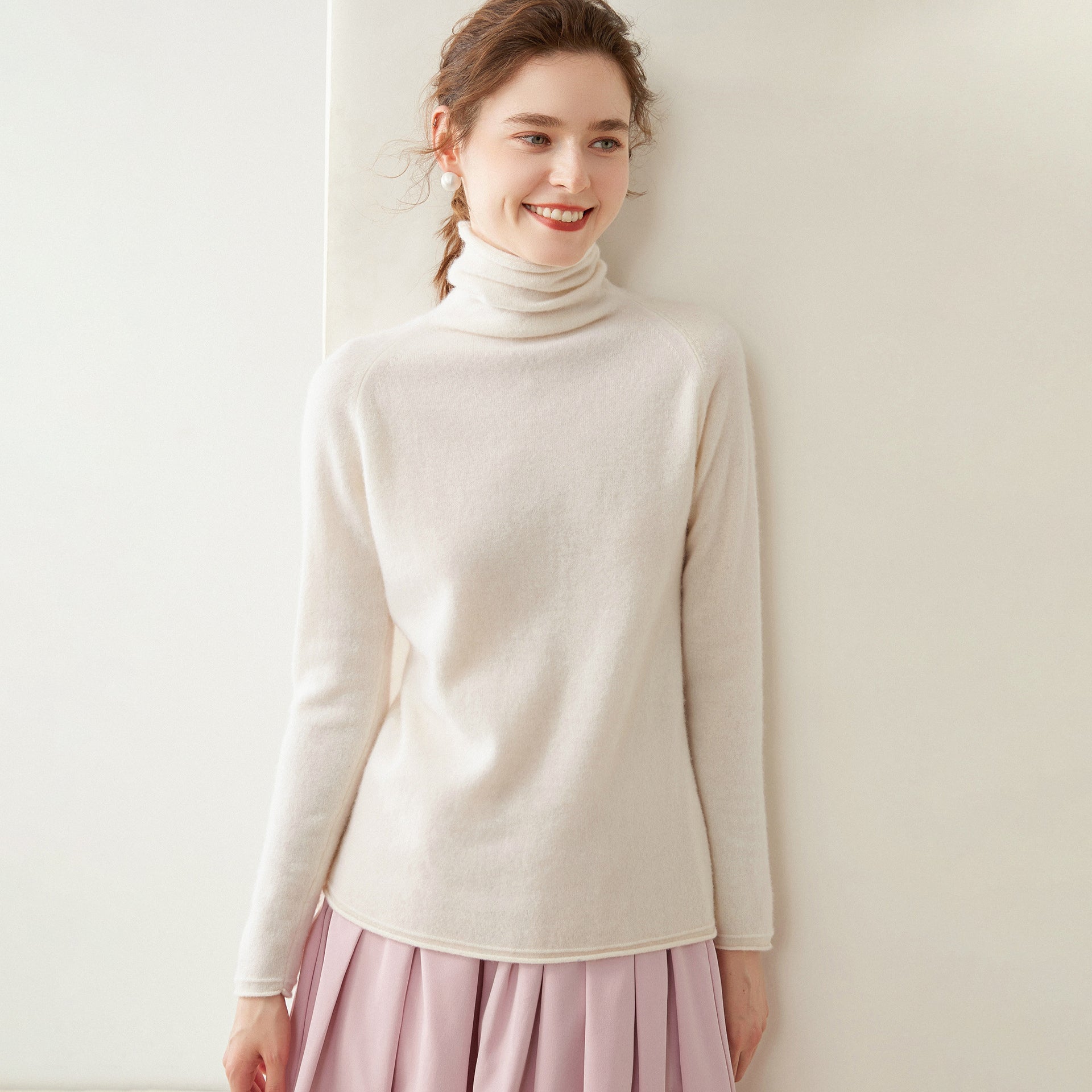 Womens Turtleneck Cashmere Sweater Long Sleeve Cashmere Knit Pullover Ivory XS
