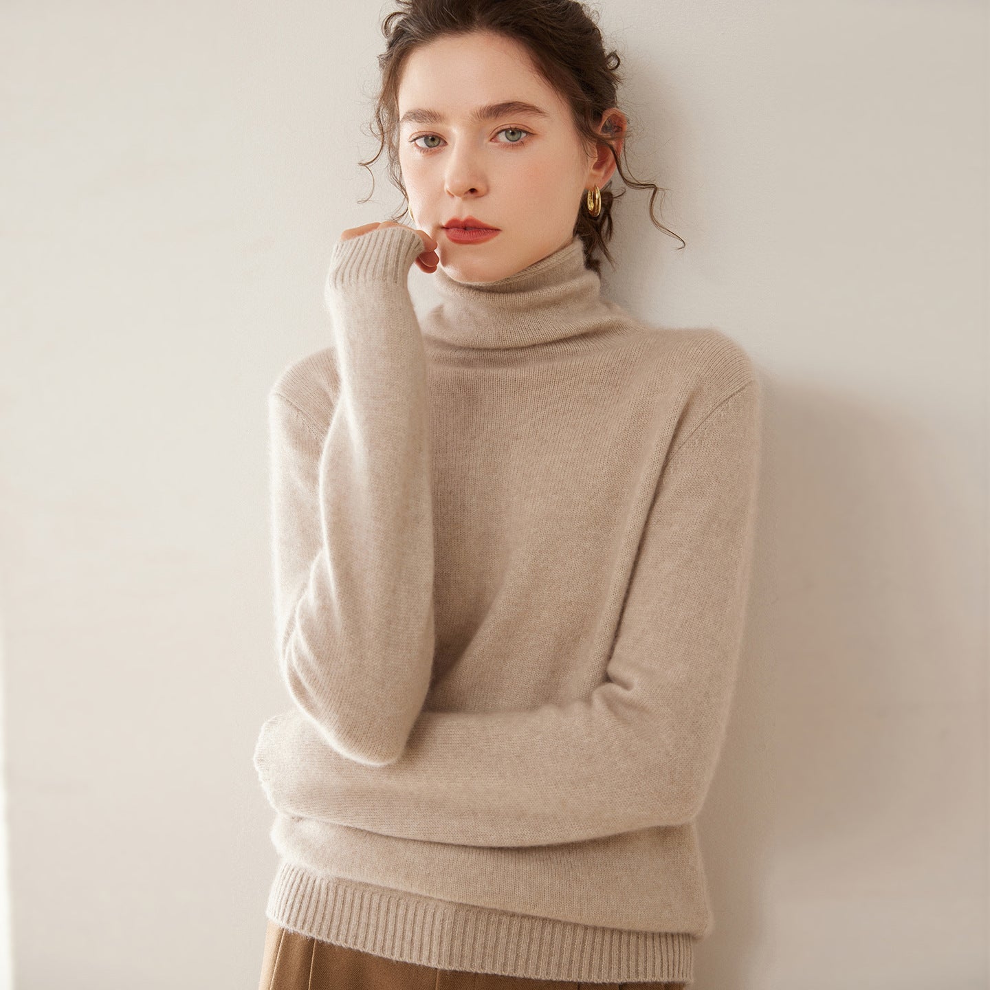 Womens Turtleneck Cashmere Sweater Long Sleeve Cashmere Pullover Rib Hem Camel XS
