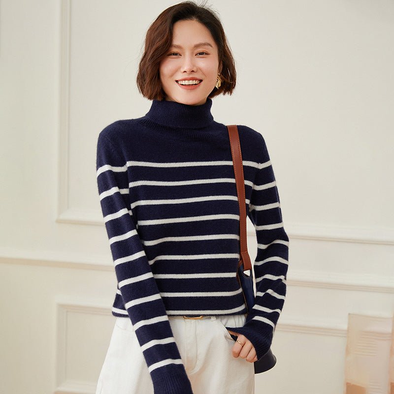 Womens Turtleneck Cashmere Sweater Striped Cashmere Knit Pullover Navy Blue XS