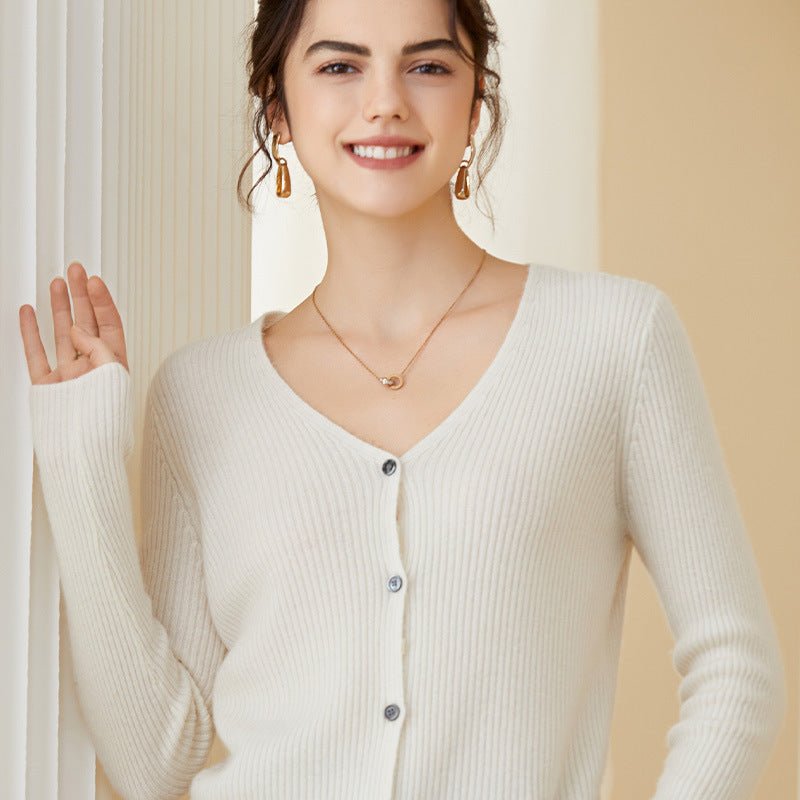 Women's V-Neck Button Cashmere Cardigan Long Sleeve Cashmere Cardigan - slipintosoft