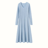 Womens V Neck Cashmere Dress Ribbed Knit Long Sleeve Cashmere Maxi Dress Blue XS
