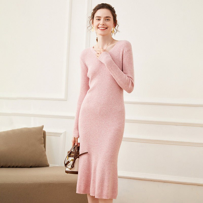 Women's V Neck Cashmere Dresses Rib-Knitted Cashmere Mermaid Dress - slipintosoft