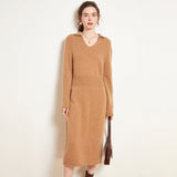 Women's V Neck Cashmere Dresses Tea Length Cashmere Waistband Midi Dresses - slipintosoft