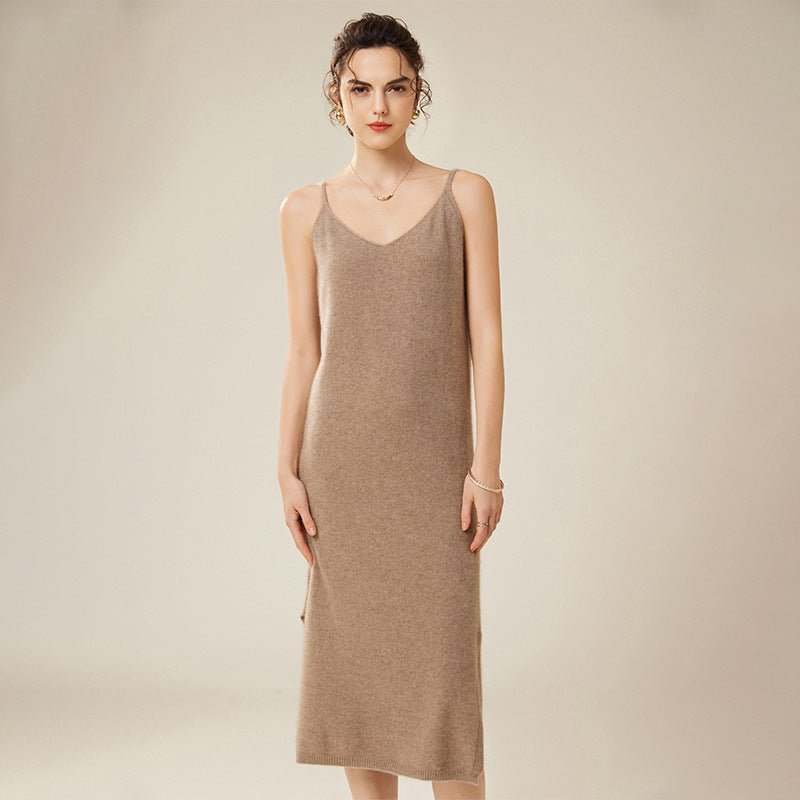 Women's V Neck Cashmere Slip Dresses Solid Cashmere Dress with Split Tea Length - slipintosoft