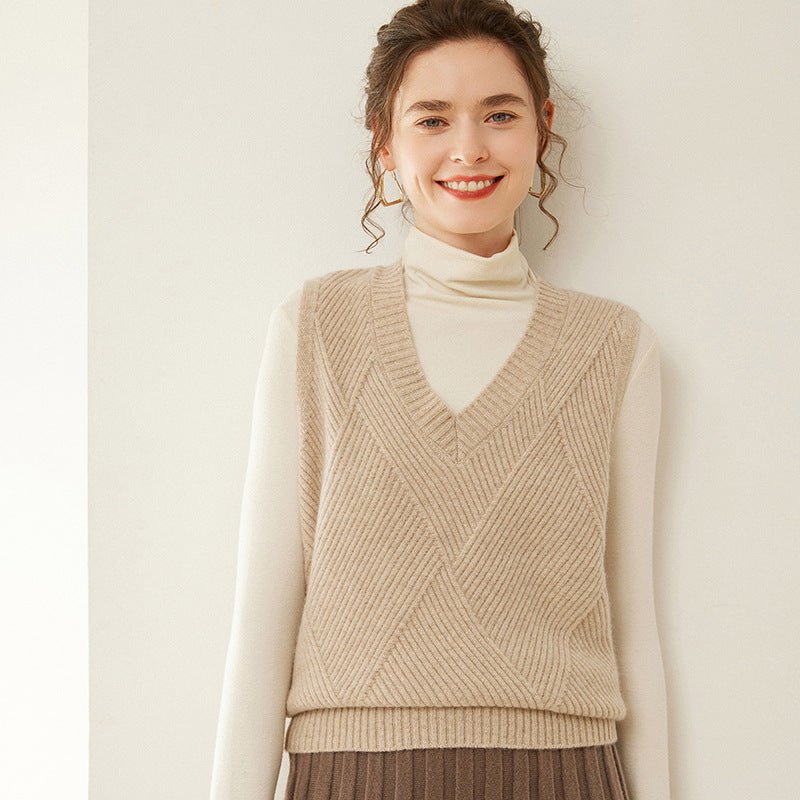 Womens V Neck Ribbed Cashmere Sweater Vest Textured Cashmere Knit Pullover Camel XS