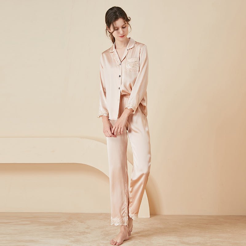 Long Sleeves Luxury Lace Silk Pajamas Set For Womens Elegant Ladies Silk Sleepwear