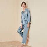 Long Sleeves Luxury Lace Silk Pajamas Set For Womens Elegant Ladies Silk Sleepwear