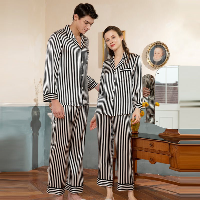 Long Stripe Silk Pajama Set For couple Silk Matching Pajamas