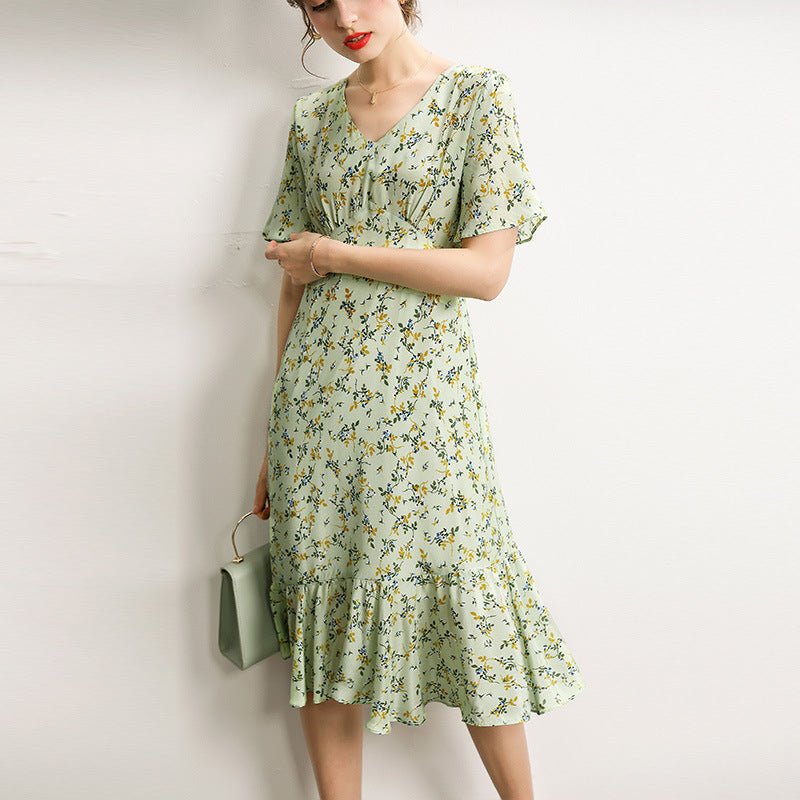 Elegant Floral Print  Women's Silk Dress Pure 100% Pure Mulberry Silk Dresses