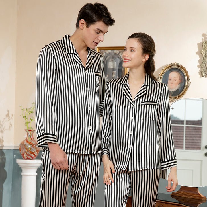Long Stripe Silk Pajama Set For couple Silk Matching Pajamas