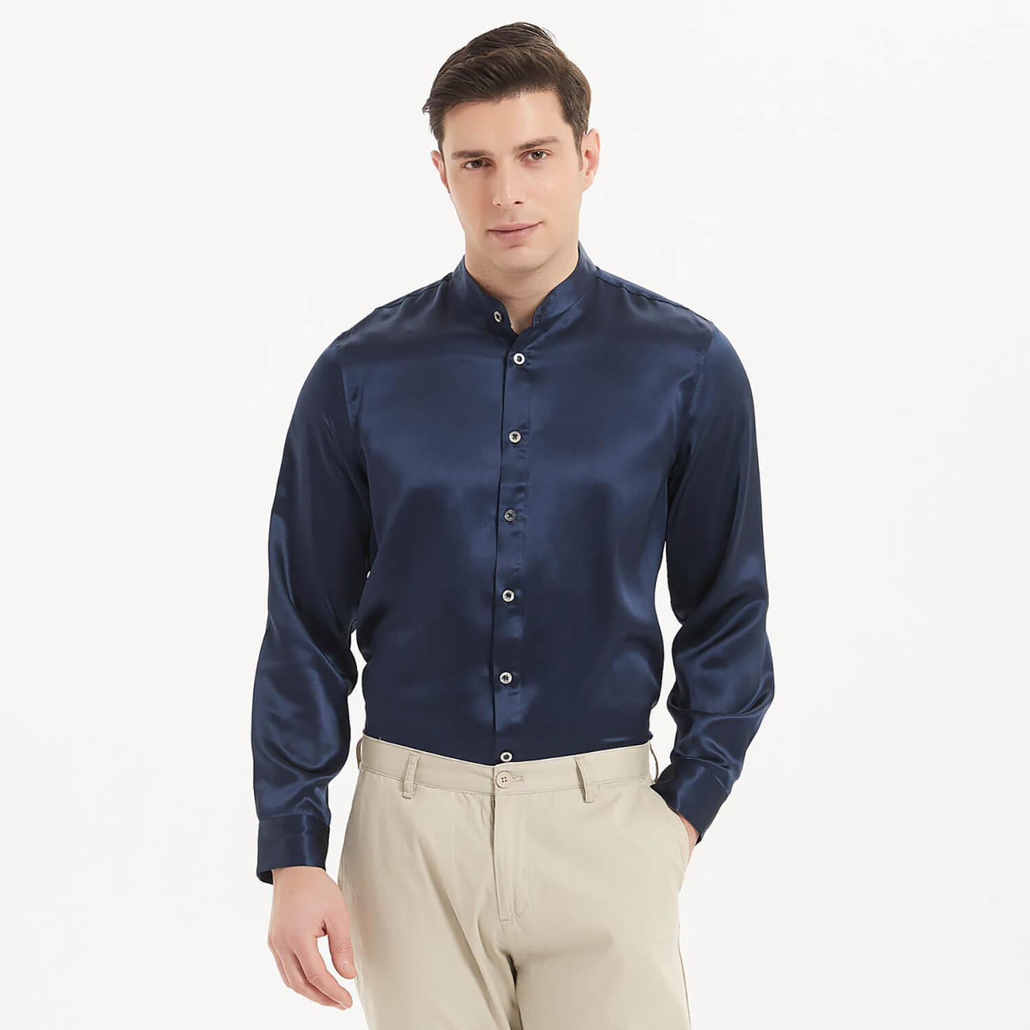 22 Momme Luxury Silk Shirt For Men Stand Collar Long Sleeve Top - slipintosoft