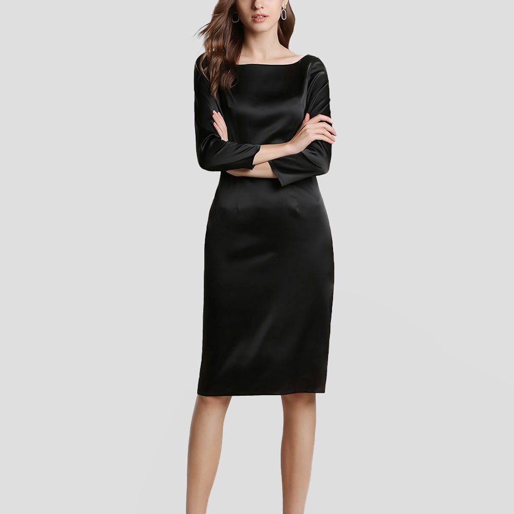 22 Momme Womens Black Slim Dress Long Sleeves Silk Straight Dress - slipintosoft