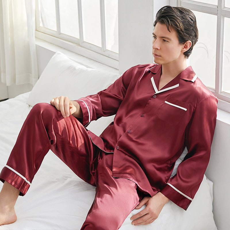 Classic Silk Pajamas Set For Men Luxury 19mm Silk Long Sleeves Sleepwear