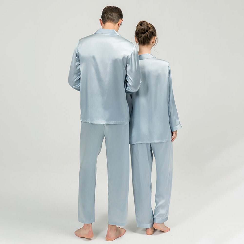 Pure Mulberry Silk Matching Pajamas Set Light Blue Silk Sleepwear For Couples
