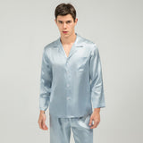Pure Mulberry Silk Matching Pajamas Set Light Blue Silk Sleepwear For Couples
