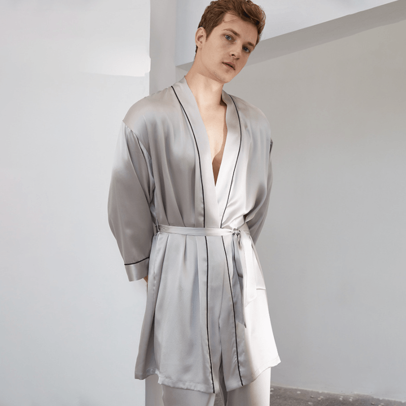 Luxury Mens Silk Robe With Pants Long Sleeves Bathrobe Sleepwear Set Silk  Kimono Robe