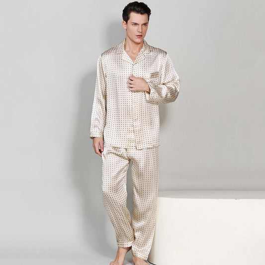 Beige Printed Long Silk Pajama Pants Set For Men - slipintosoft