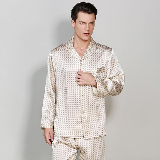 Beige Printed Long Silk Pajama Pants Set For Men - slipintosoft