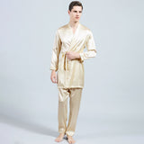22MM Long Sleeves Mens Silk Pajamas Set 2 Piece Robe & Pant Set 100% Mulberry Silk PJS