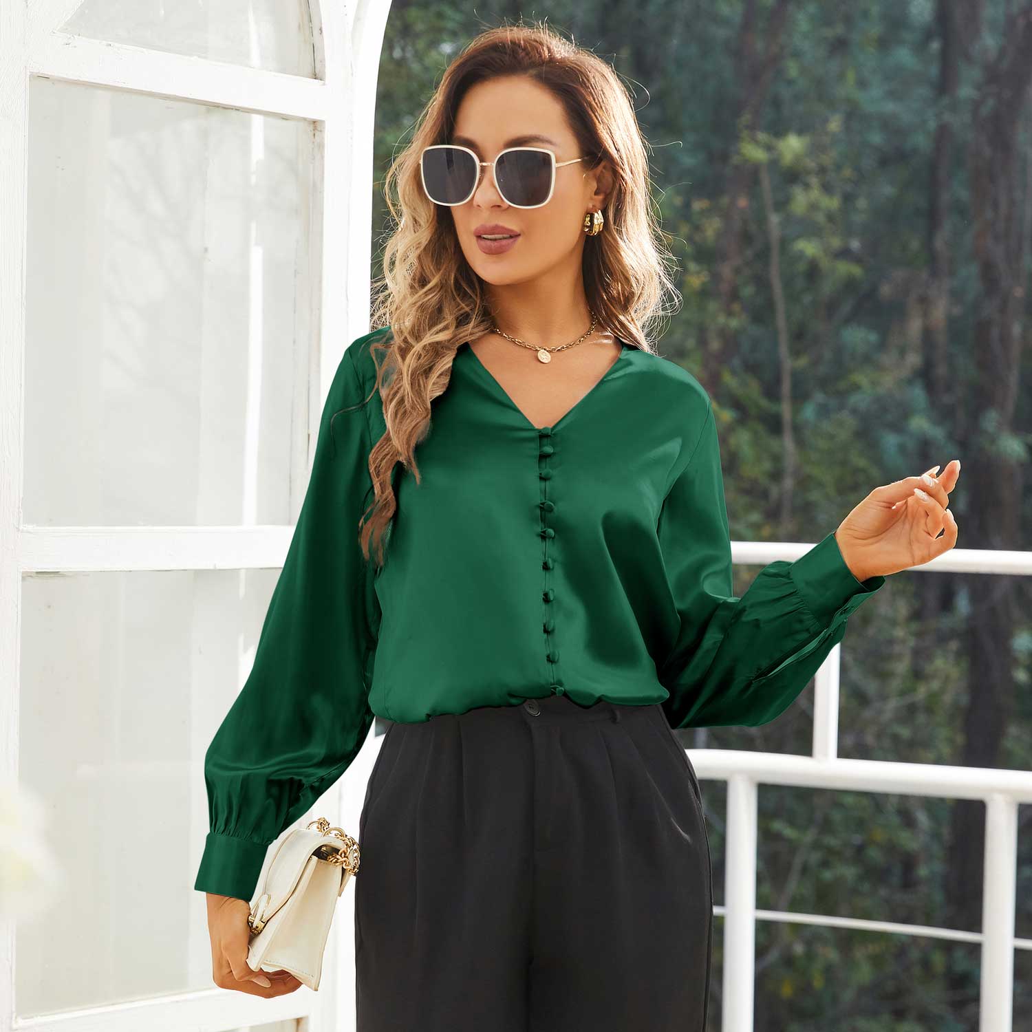 Elegant Ladies Silk Blouse V Neck Silk Shirts 100% Mulberry Silk Long Sleeves Top - slipintosoft