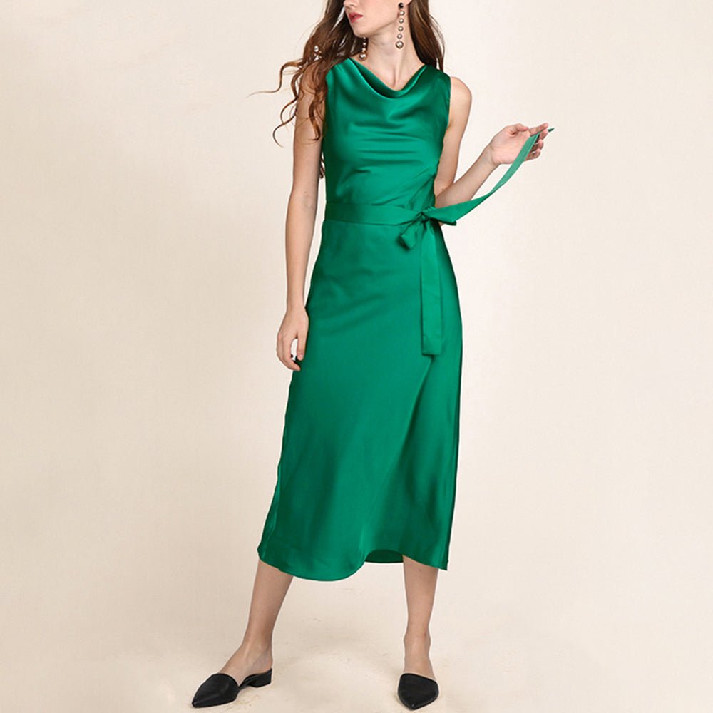 Elegant Pure Silk Ladies Length Dress Silk Cowl Neck Dress - slipintosoft