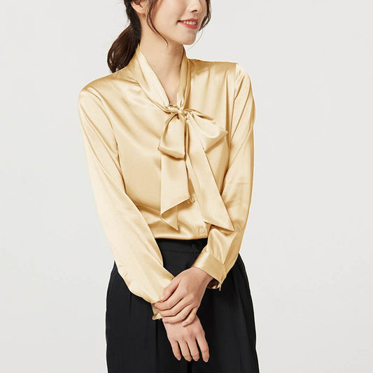 Gold Tie Neck Long Sleeve Silk Shirt For Women - slipintosoft