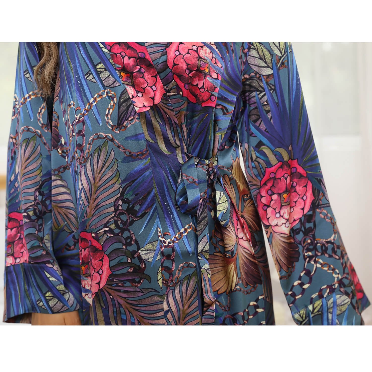 Ladies' Long Silk Kimono Robe with Belt for Bridals Prints Silk Robe - slipintosoft