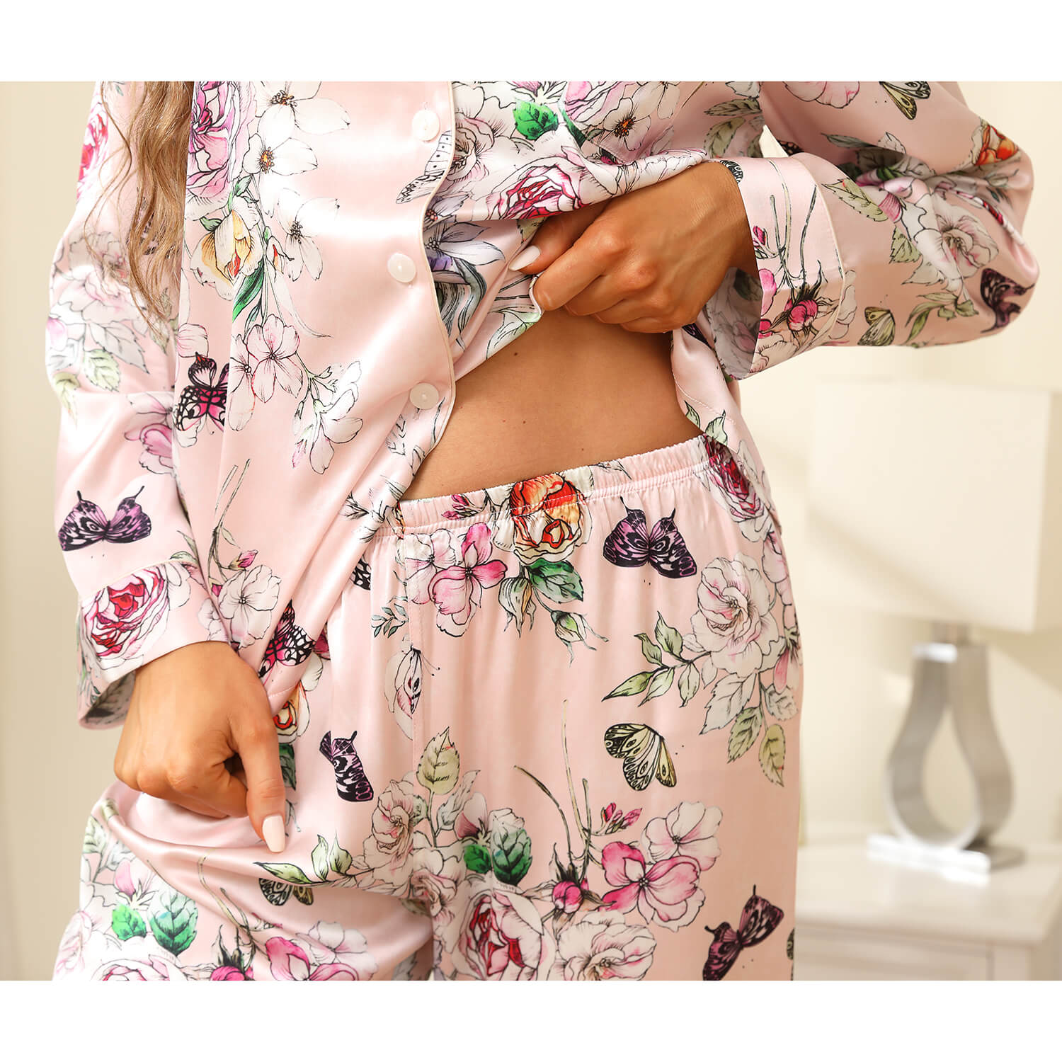 Luxury Mulberry Silk Ladies Pajamas Set Long Butterfly Print Silk Pajamas For Women - slipintosoft